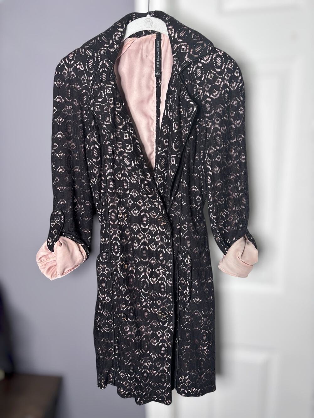 W118 by Walter Baker Black Lace Belted Blazer Pink Interior Medium